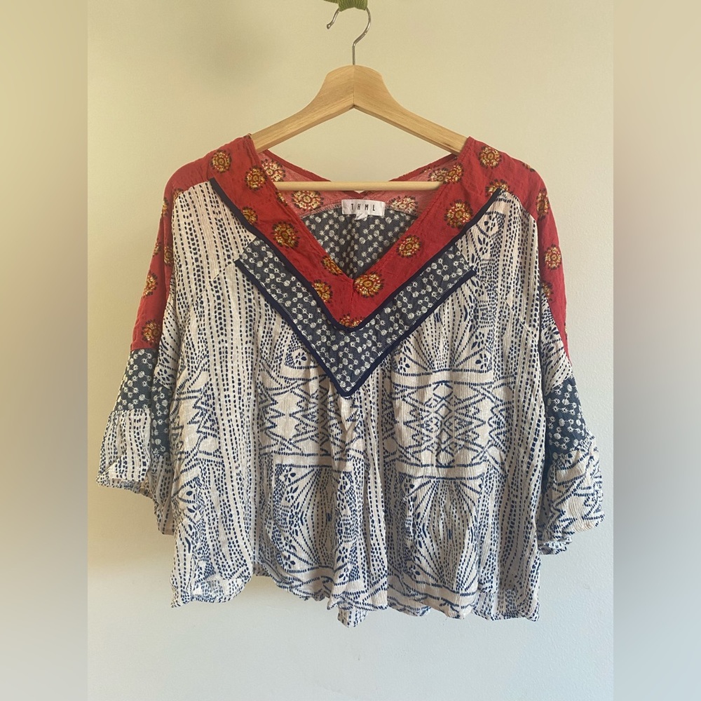 THML Cutoff Top | Bohemian Red Yellow Blue and White Flared 3/4 Sleeve Blouse